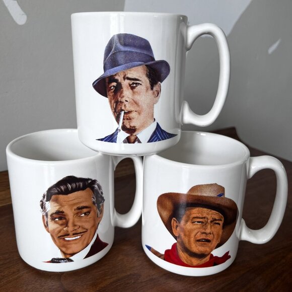 3 Vtg. Pfaltzgraff Movie Star Mugs Actors John Wayne Humphrey Bogart Clark Gable - Picture 1 of 15
